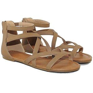 Tan Crisscross Strappy Open Toe Flat Sole Sandals Back Zipper Closure
